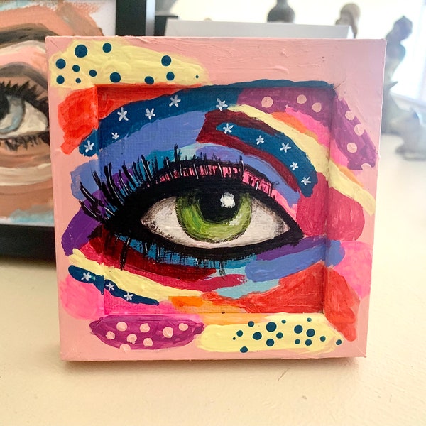 Whimsical Eye original painting art canvas frame mini green eyes rainbow