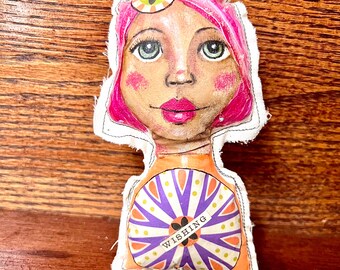 Wishing hand painted small doll pillow fabric textile art primitive soft sculpture OOAK