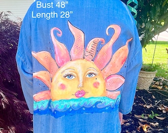 Shine sun waves hand painted jacket OOAK unique art to wear wearable denim recycled upcycled