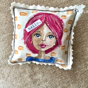 Hello soft sculpture pin brooch fabric painted whimsical face
