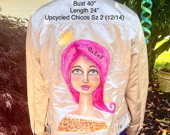 Queen size Large 12/14 hand painted jacket OOAK unique art to wear wearable pink hair crown recycled upcycled