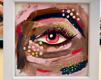Whimsical Eye original painting art canvas frame mini pink