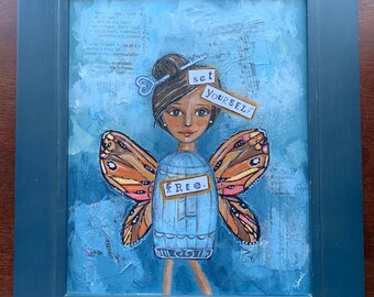 Set Yourself Free original acrylic art mixed media whimsical female face painting collage cage butterfly