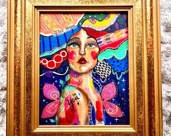 Be You colorful original framed painting whimsical girl face woman art mixed media