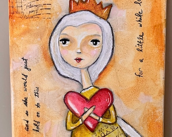 Holding Onto My Heart acrylic painting art whimsical face girl female empowerment divorce encouragement queen of hearts