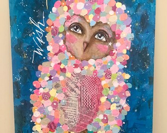 Wish Owl original art large painting mixed media painting  whimsical face encouragement colorful