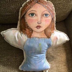 Guardian Angel hand painted doll pillow fabric textile art