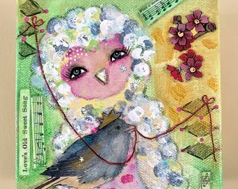 Old Sweet Song original acrylic mixed media whimsical owl face painting art bird wood collage