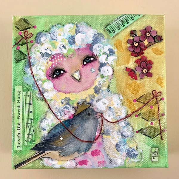 Old Sweet Song original acrylic mixed media whimsical owl face painting art bird wood collage