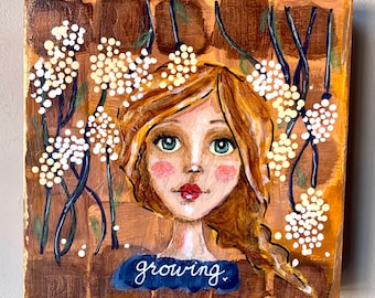 GROWING original acrylic painting whimsical face female floral recycled unique gift