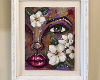 Magnolia face original framed painting whimsical impressionistic lilac island tropical girl