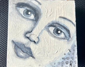 Minimalist Face  original acrylic art whimsical female face black white painting