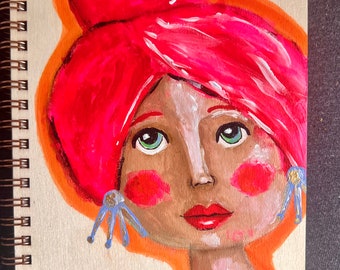 Bright Days notebook journal sketch book original whimsical face girl painting acrylic pink hair neon