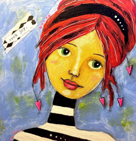 Seek Joy Whimsical Face Art, Mixed Media Painting - Etsy