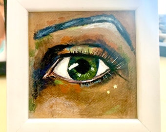 Whimsical Eye original painting art canvas frame mini green eyes