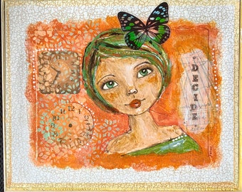 Decide original acrylic mixed media whimsical female face painting collage butterfly art