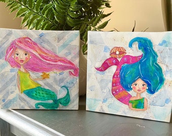 Let’s Be Mermaids pair original acrylic whimsical painting female beach art on recycled canvas
