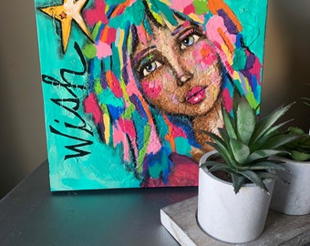 Wish Upon a Star original acrylic art whimsical female face painting textured recycled canvas