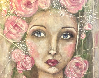 Original acrylic painting roses girl on recycled art frame mixed media bride