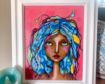 Wish Dream Do It whimsical female face original painting canvas framed colorful abstract