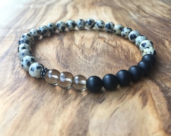 Dalmation Stone + Smoky Quartz + Black Onyx, Protection bracelet