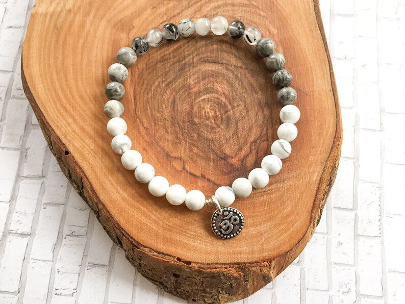 Picture Jasper Gemstone Charm Bracelet White Howlite Tourmalated Quartz