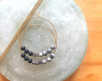 Picture Jasper + Black Onyx + Pyrite Hoop Earrings, Gemstone Hoop Earrings, Beaded Earrings, Boho Earrings, Timeless Earrings