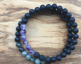 Amethyst + Black Onyx + Lava stone Bracelet, Diffuser Bracelet