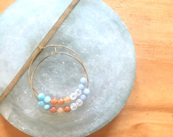 Amazonite + Aventurine + Angelite + Quartz Hoop Earrings, Gemstone Hoop Earrings, Beaded Earrings, Boho Earrings, Ocean + Sunset inspired