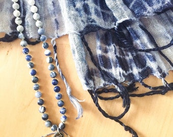 White Howlite + Sodalite Gemstone Mala | Silver Om charm