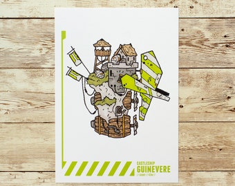 Guinevere castleship A5 fantasy illustration print - unframed sci fi wall art spaceships, ink drawing prints, geek gift