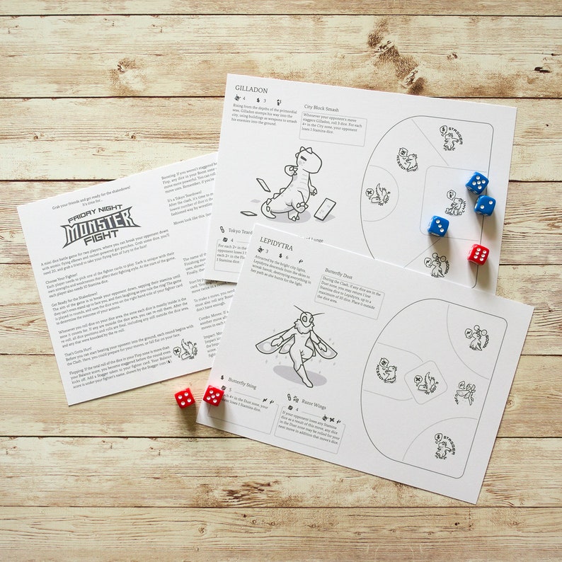 Friday Night Monster Fight A5 tabletop dice game kaiju wrestling game night, letterbox game, geek gift image 1