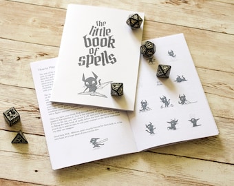 The Little Book of Spells A6 magic mini game zine - fantasy tabletop game, role playing dice, geek gift, witch wizard storytelling