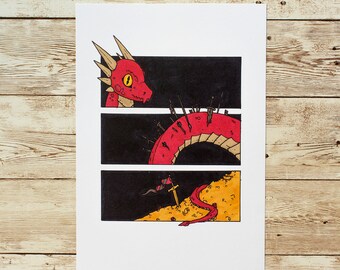 Red dragon A5 print - Dungeons & Dragons fantasy ink art, unframed mini art print, wall art for games room, geek gift for DM