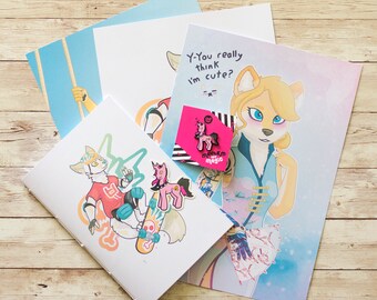 Furry Animal Art Bundle Box - cute kawaii illustration themed mystery box - art prints, notebook, enamel pin, vinyl sticker, Christmas gift