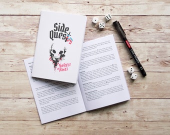 Side Quest: Fortress of Bones A6 fantasy RPG zine - tabletop role playing game, dice, geek gift, strategy wargame, cute furry illustrations