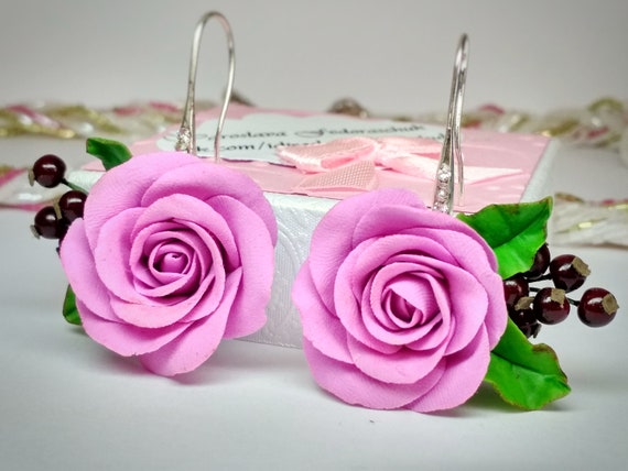 Pink Flowers and Purple Currant Fruit Earrings Spring Summer - Etsy