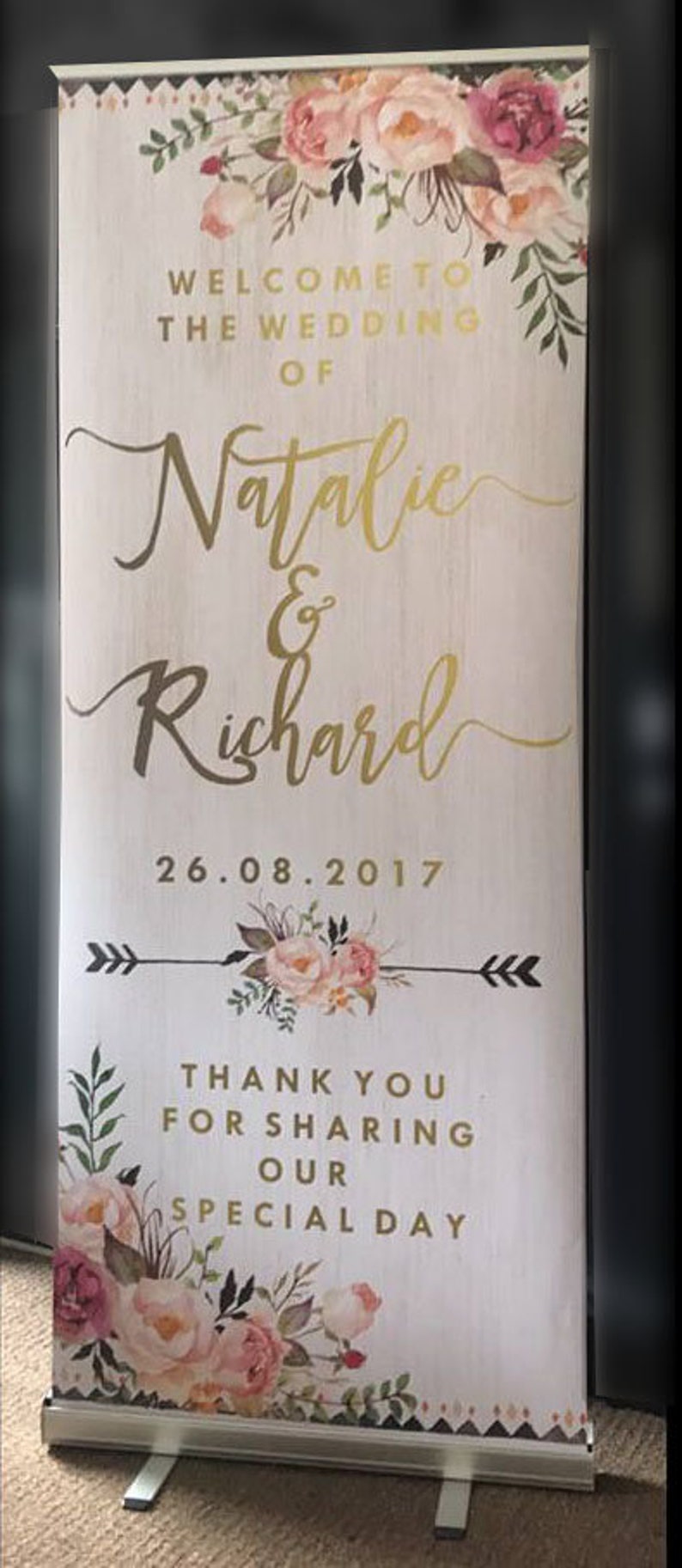 6ft Wedding Pull Up Blush pink floral Wedding Welcome banner Personalised Wedding, Wedding Welcome Sign Shabby chic Wedding