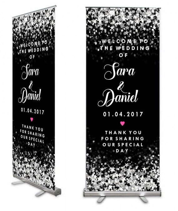 Black White And Silver Wedding Welcome Sign Roller Banner Etsy
