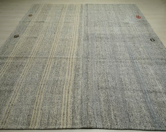 Tapis kilim gris naturel non teint 8 x 10, grand tapis kilim tissé à plat, design à rayures Beau tapis kilim, tapis de décoration pour la maison et le salon, décoration minimaliste.