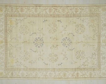 Beige & Blau Oushak Teppich: 6,5x9,9 ft, Vintage türkische Wollteppich