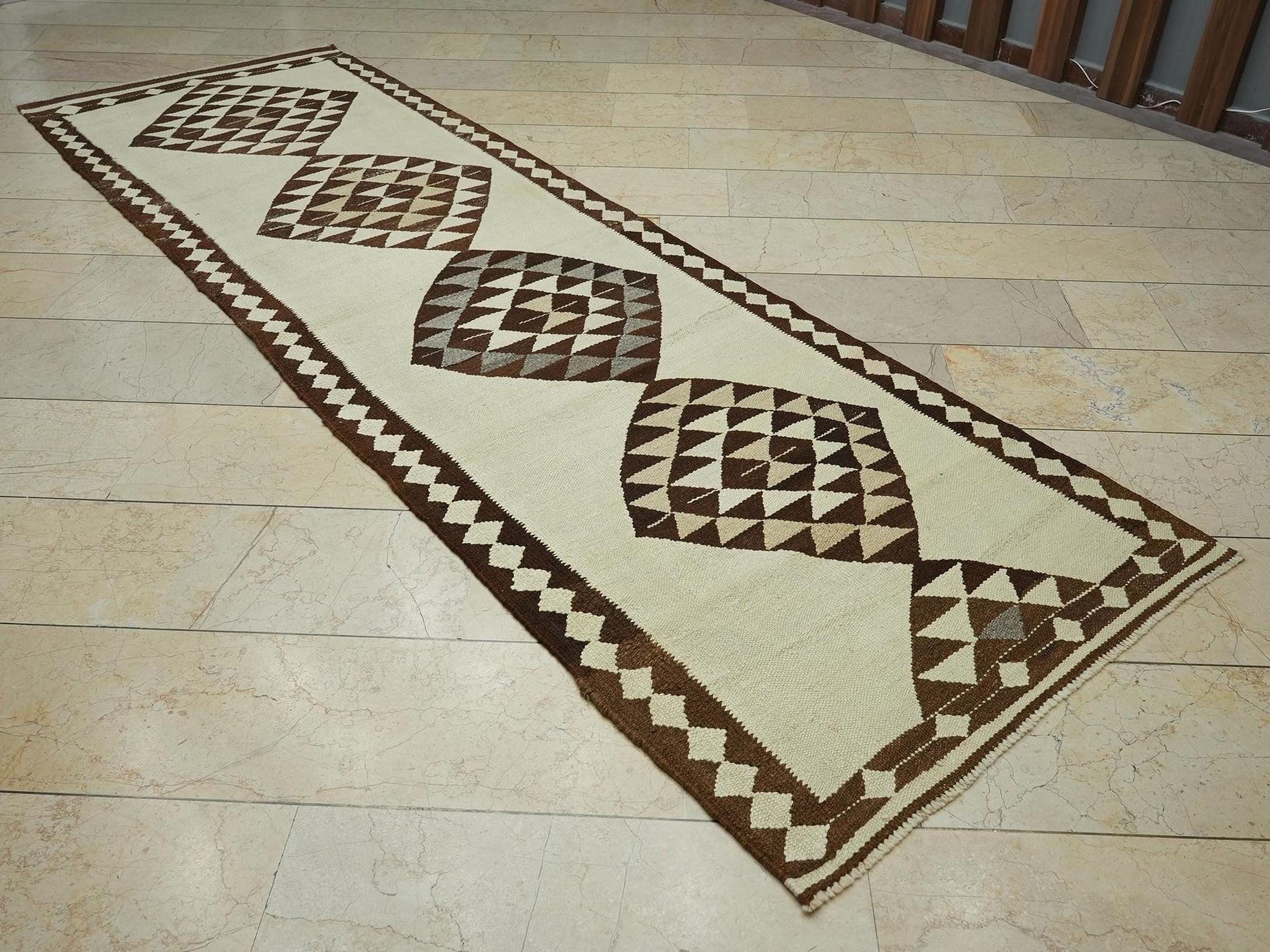Neutral Wool Kilim Rug Runner 3, 4x11, 2 Ft, Vintage Home Decor Turkish Rugs