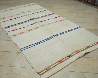 Mid Century Modern Striped Hemp Kilim Rug: 5" x 9.2" Flat Weave Turkish Rugs