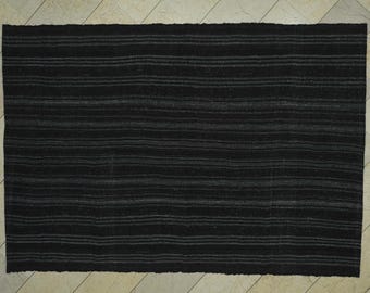 Mid-Century Modern Goat Hair Kilim Rug: 5.8x8.3 ft, Natural Color Stripe Rug