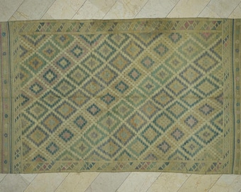 Embroidered Vintage Turkish Kilim Rug: 6.5x10.5, Flat Woven Faded Rugs
