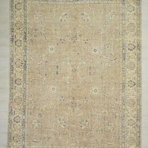a large, intricately patterned rug with a beige and blue color scheme. The rug has a detailed design with various floral and geometric patterns, creating a visually striking and ornate appearance.