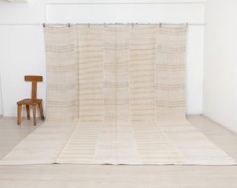 Può includere: Un grande arazzo tessile rettangolare caratterizzato da una palette di colori neutri beige e crema con sottili strisce orizzontali in tonalità tenui di grigio e marrone. Il tessuto presenta una trama visibile e grossolana.