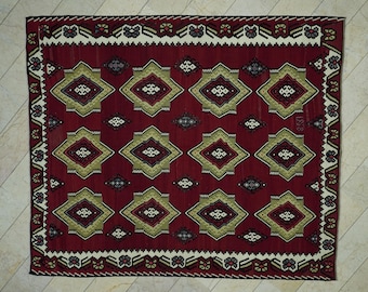 Red Color Flat Weave Turkish Large Kilim Rug: 8x9.4 Wool Handwoven Area Rugs.