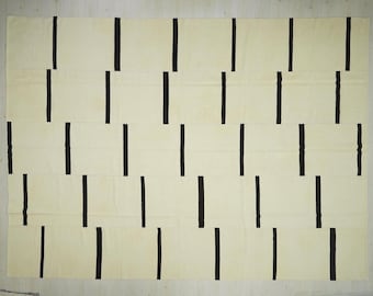 Übergroßer gestreifter Woll-Kelim-Teppich: Mid-Century Modern Türkisches Flachgewebe 30x40 cm.