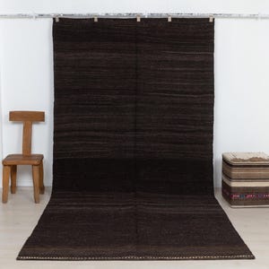 Vintage Goat Hair Kilim Rug: 5.7x12 ft, Natural Brown Flat Weave Rugs.